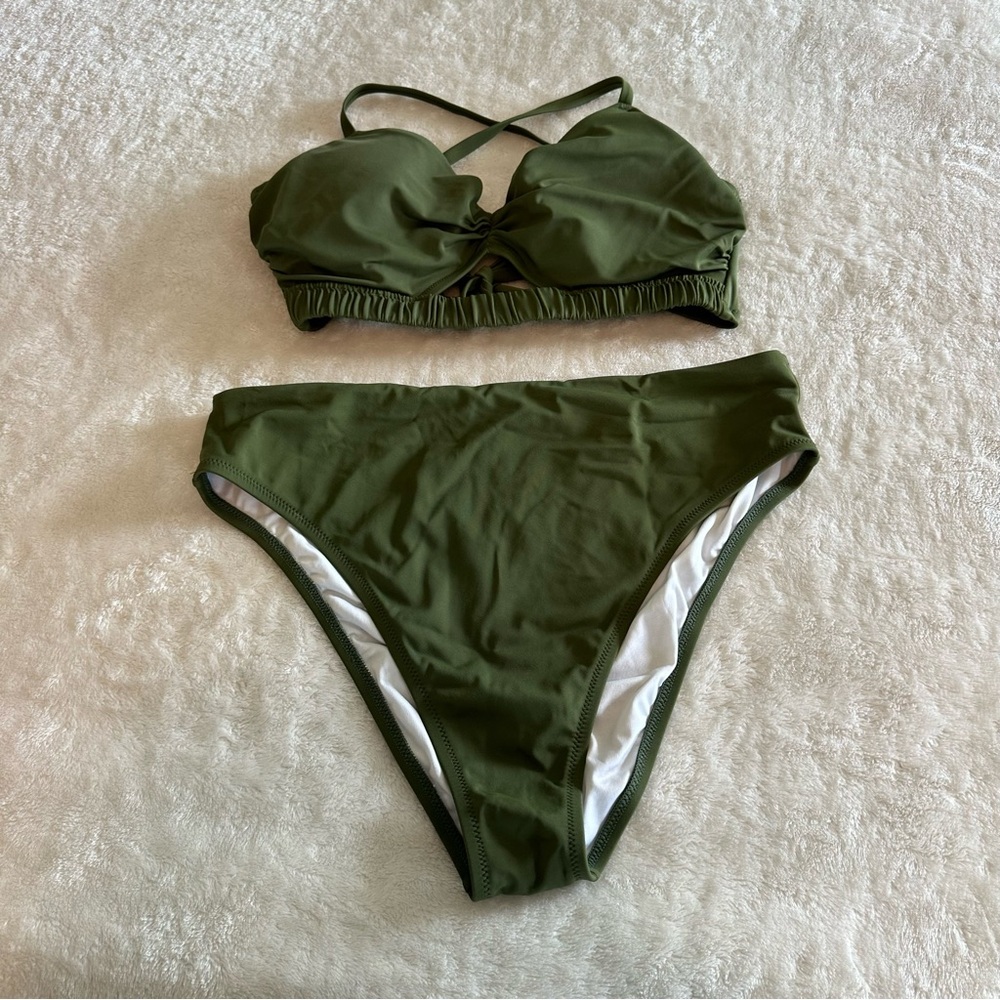 Shade & Shore Olive Green High Waist High Leg Cheeky Bikini Set Large/36C